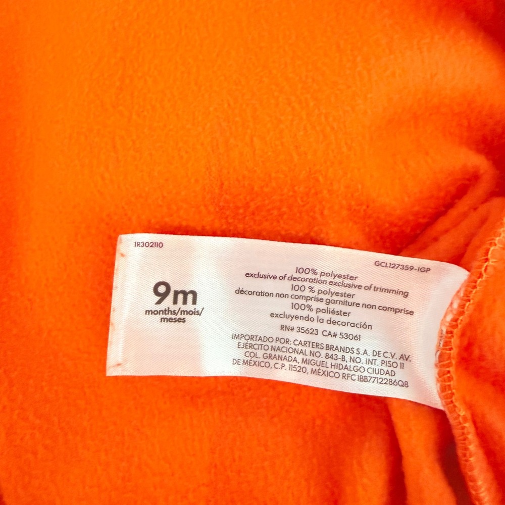 Carter's Baby 9M Pumpkin Fleece Jumpsuit Halloween Costume Orange Hooded Romper - Picture 8 of 8